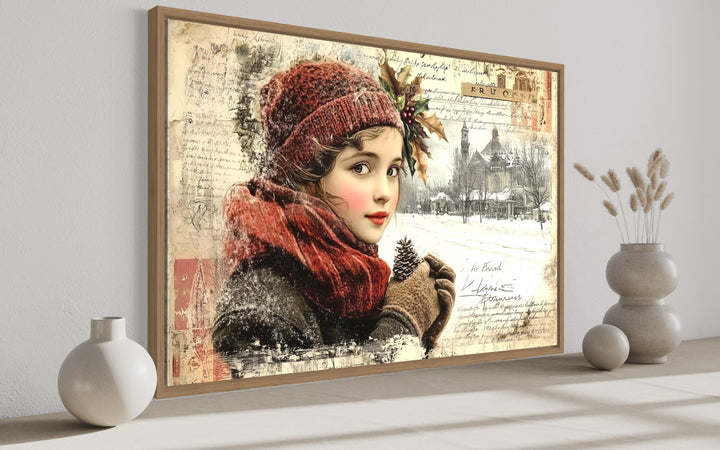 Christmas Girl Vintage Postcard Style Framed Canvas Wall Art