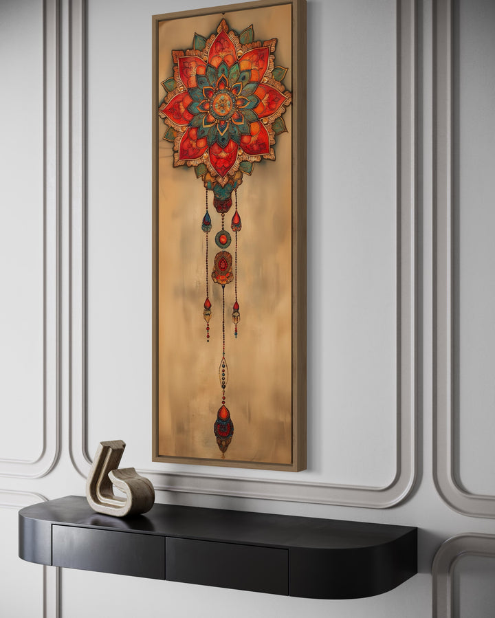 Long Vertical Boho Dreamcatcher Mandala Framed Canvas Wall Decor side view