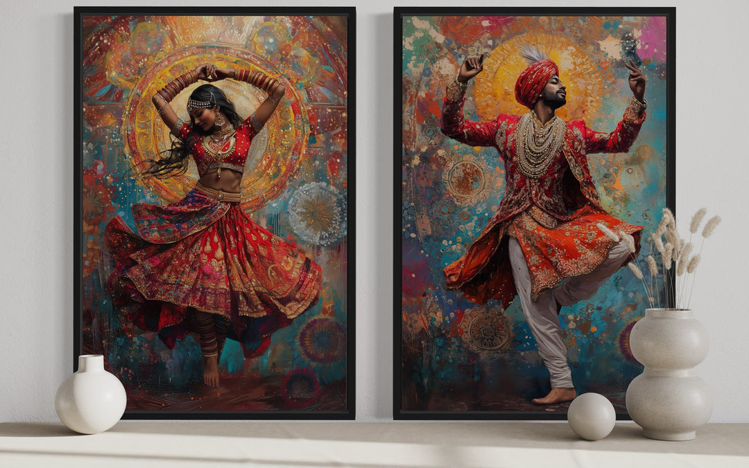 2 Piece Indian Man And Woman Dancing Framed Canvas Wall Art