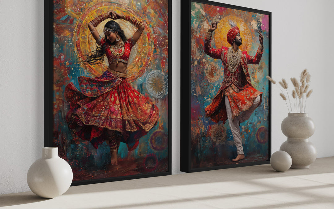 2 Piece Indian Man And Woman Dancing Framed Canvas Wall Art