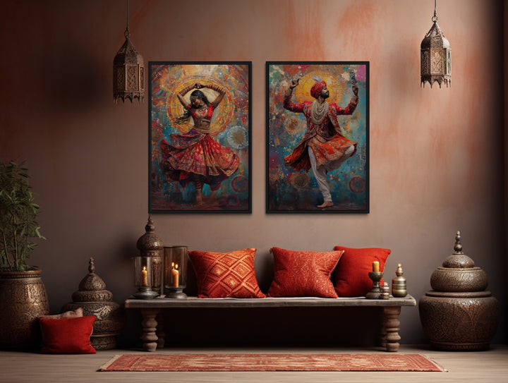 2 Piece Indian Man And Woman Dancing Framed Canvas Wall Art