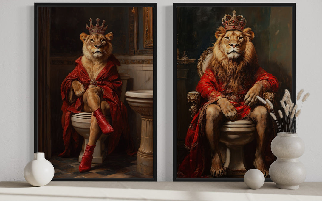 2 Piece Male Female Bathroom Picture - Lion King And Lioness Queen On Toilets