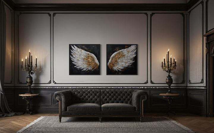 2 Piece White Gold Angel Wings On Black Background Framed Canvas Wall Art