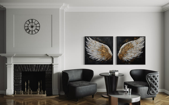 2 Piece White Gold Angel Wings On Black Background Framed Canvas Wall Art