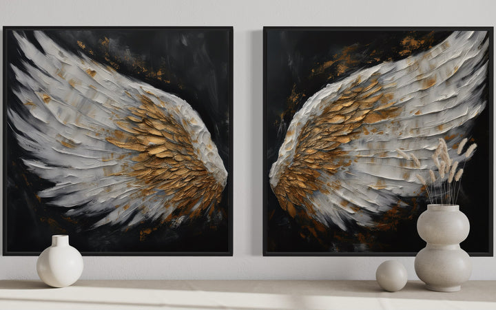 2 Piece White Gold Angel Wings On Black Background Framed Canvas Wall Art