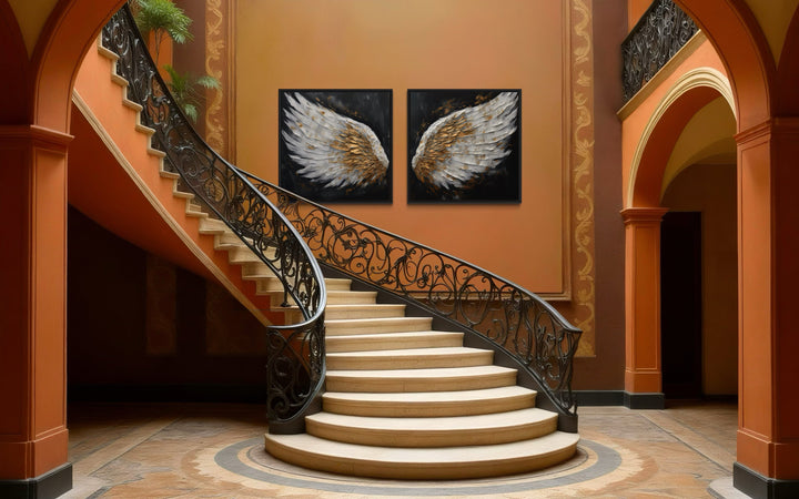 2 Piece White Gold Angel Wings On Black Background Framed Canvas Wall Art