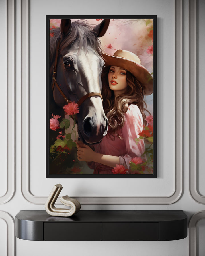 Western Cowgirl and Horse Floral Portrait Canvas Wall Art close up