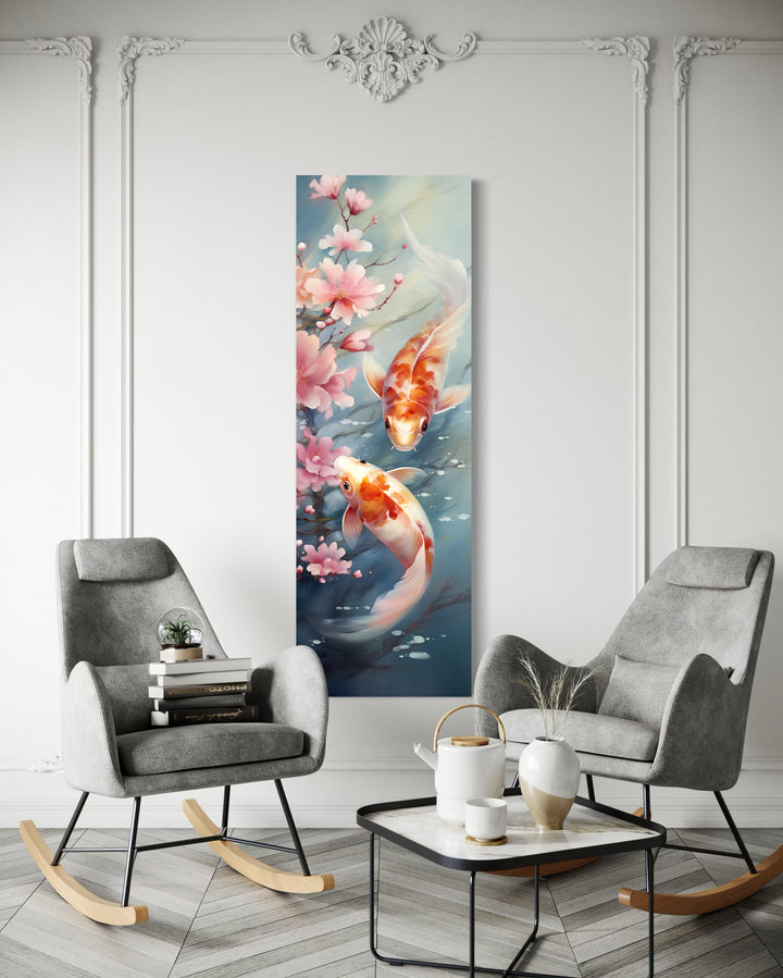 Tall Narrow Zen Koi Fish Vertical Framed Canvas Wall Art in a room with two chairs