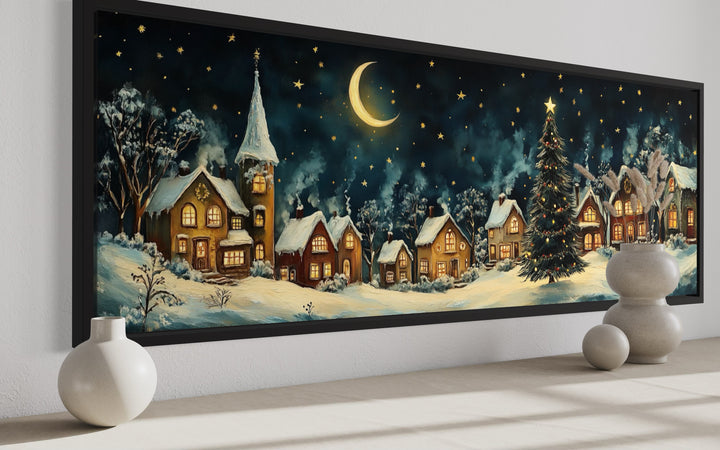 Festive Christmas Village Long Narrow Framed Canvas Wall Art side view