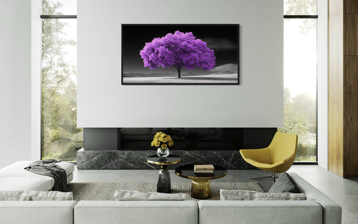 Purple Tree on Black White Background Framed Canvas Wall Art in living room with a couch a table and a painting