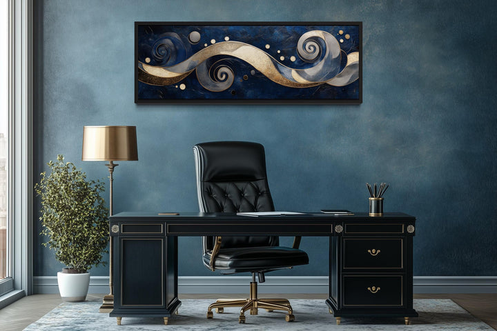 Navy and Gold Abstract Swirl Canvas Art - Elegant Galaxy-Inspired Horizontal Print for Modern Living Room Decor