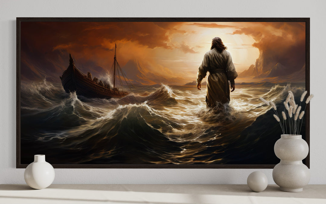 Jesus Walking On Water In Storm Modern Christian Framed Canvas Wall Art close up