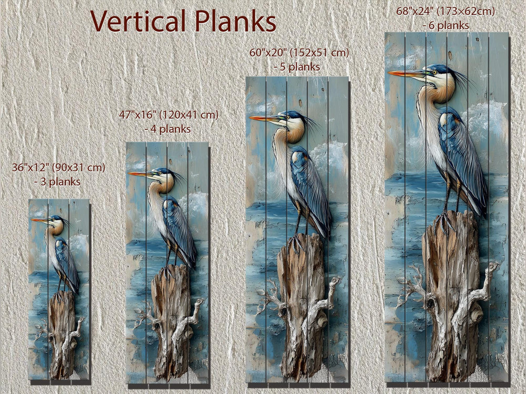 Vertical Blue Heron Wall Art - Distressed Wood Coastal Decor for Lake House