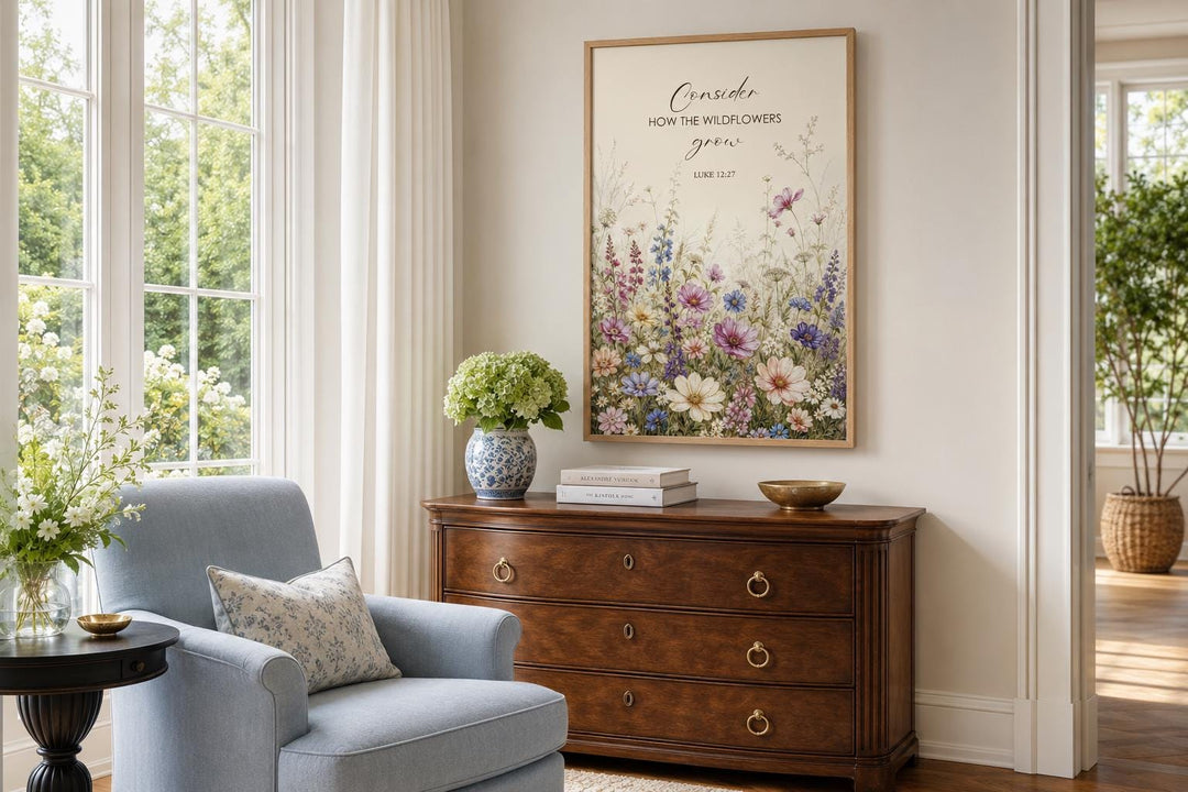 Wildflower watercolor art with Luke 12:27 scripture verse in a slim gold frame on a neutral wall.