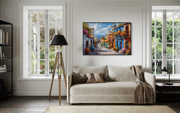 Colorful Mexican Village Street Framed Canvas Wall Art in living room