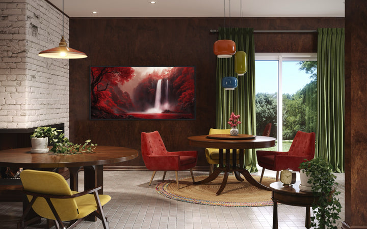 Red Waterfall Framed Canvas Wall Art in a room with a table, red chairs