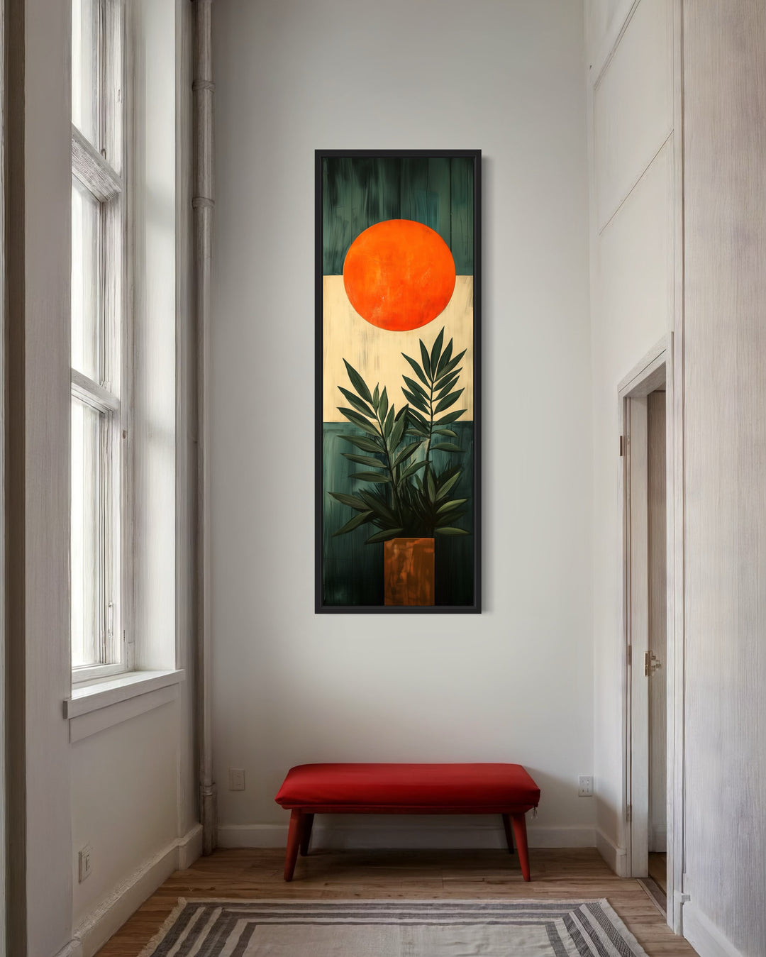 Mid Century Modern Orange Sun And Palm Leaves Framed Canvas Wall Art on narrow wall