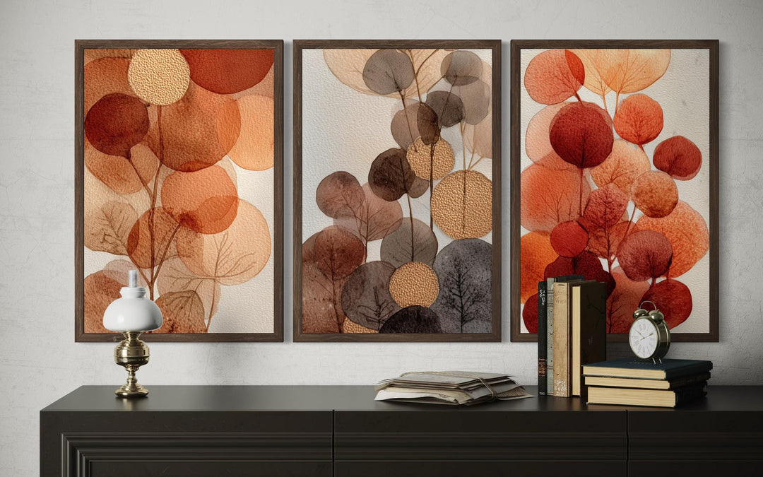 Abstract Botanical Wall Art Set of 3 – Warm Autumn Tones Canvas Prints, Burnt Orange and Beige Leave