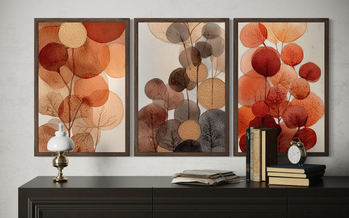 Abstract Botanical Wall Art Set of 3 – Warm Autumn Tones Canvas Prints, Burnt Orange and Beige Leave