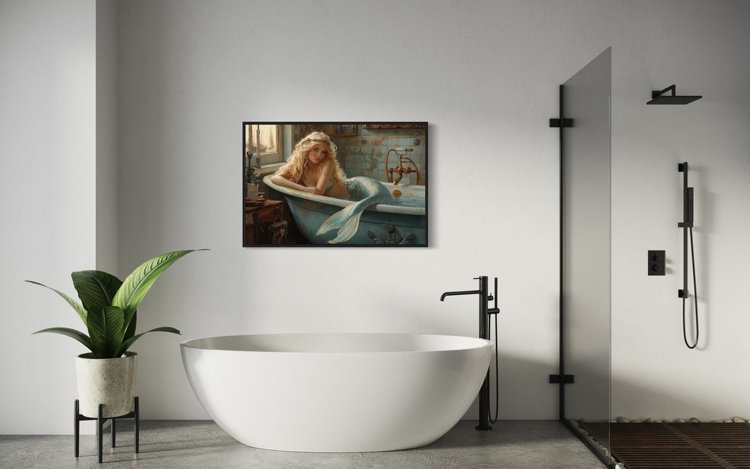 Mermaid in a Bathtub Framed Canvas Wall Art in bathroom