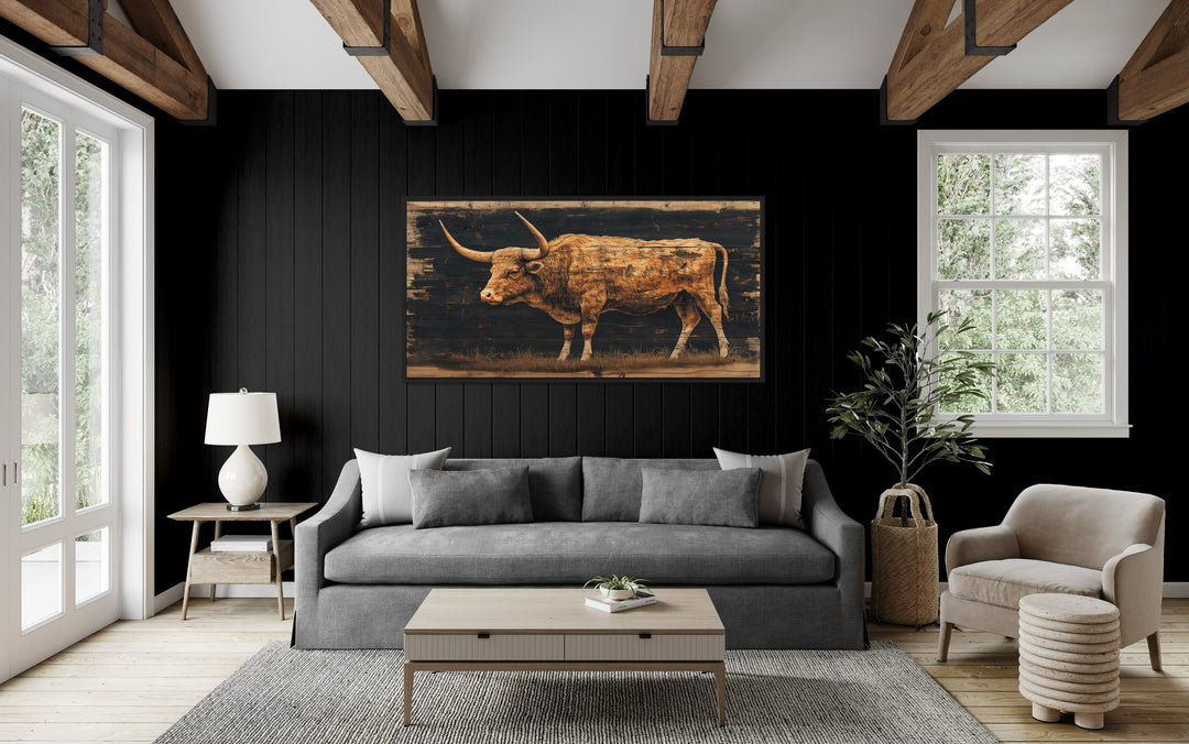 Brown Texas Longhorn Cow Painted On Black Rustic Framed Canvas Wall Art in living room