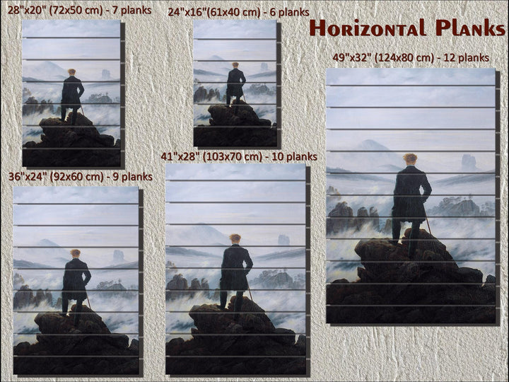 Wanderer Above the Sea of Fog wood wall art in five sizes with horizontal plank counts.