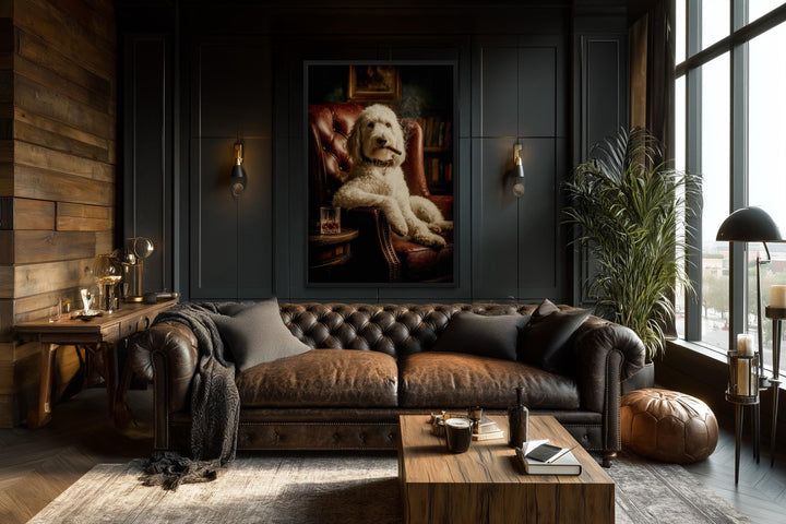 White Goldendoodle Dog Drinking Whiskey and Smoking Cigar Canvas Wall Art