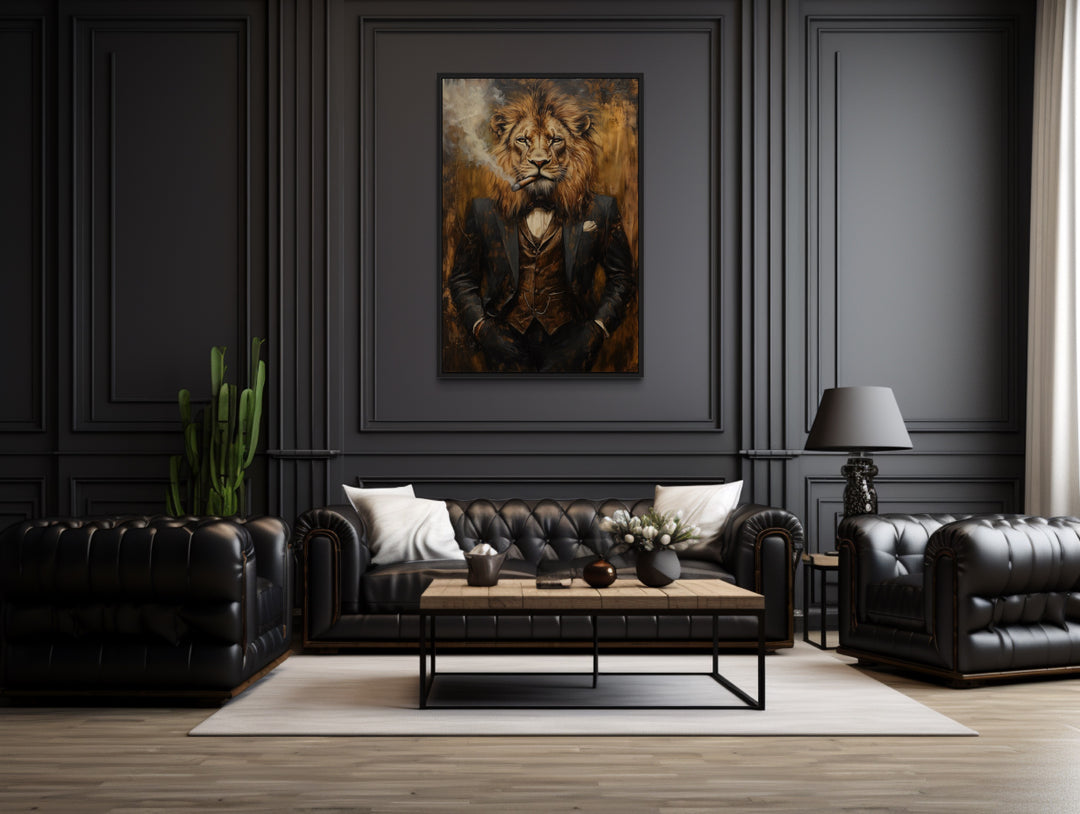 Regal Lion In Suit Smoking Cigar Canvas Wall Art For Men In man cave