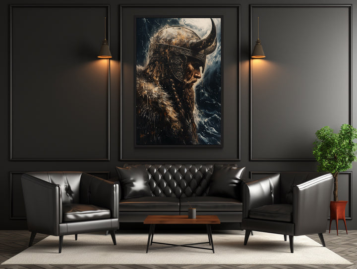 Viking On Ocean Background Framed Canvas Wall Art in man's room