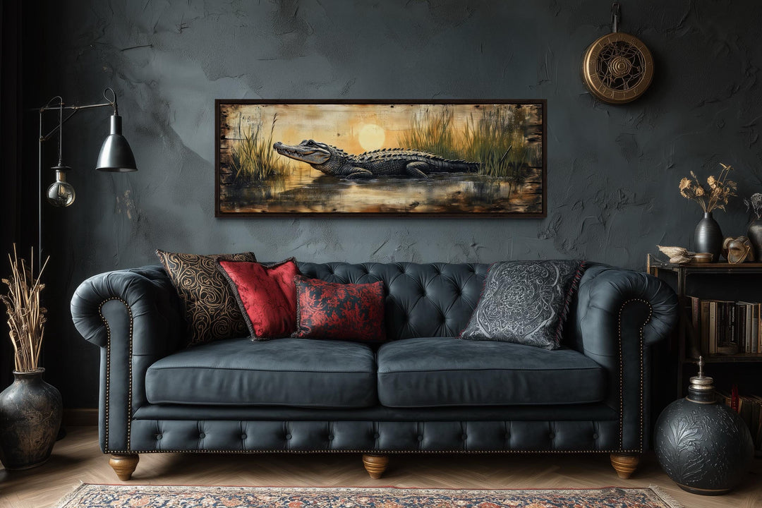 Alligator In Marshland Sunset Long Horizontal Canvas Wall Art