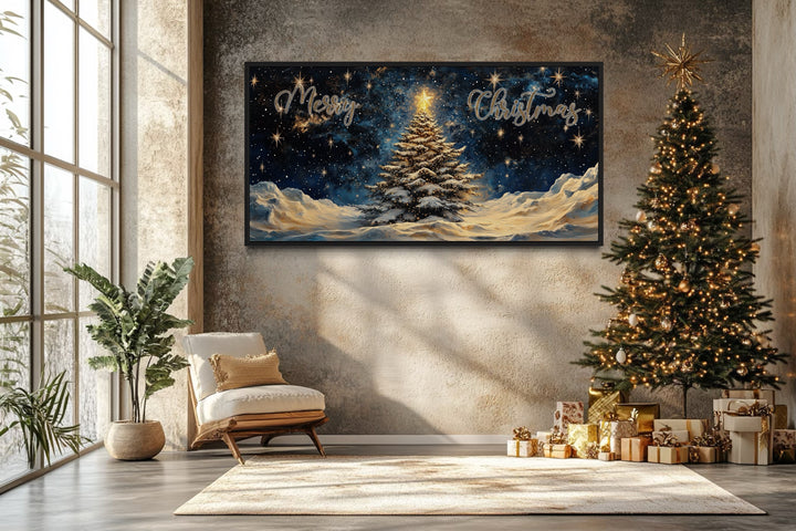 Merry Christmas Sign With Decorated Tree And Snow Canvas Wall Art in christmas room