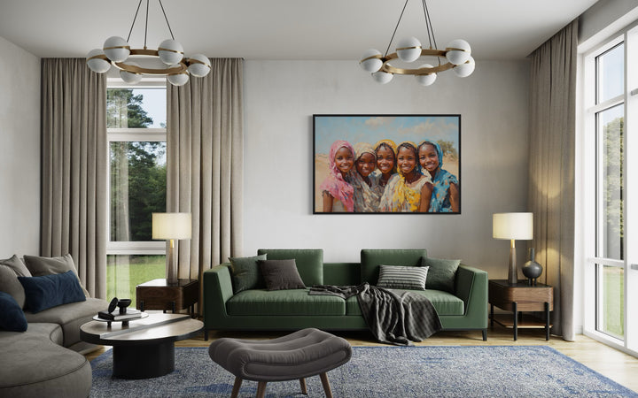 Smiling African Girls In Traditional Clothes Framed Canvas Wall Art in a living room filled with furniture