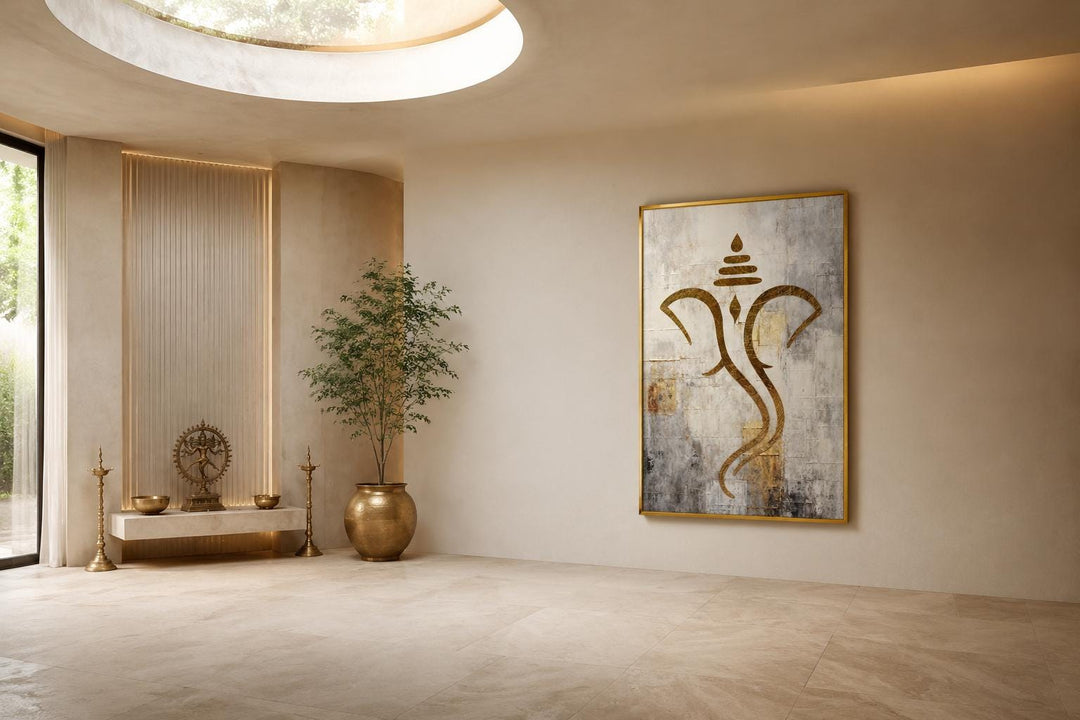 Minimalist Lord Ganesha canvas wall art with gold outline on a textured white and silver background.