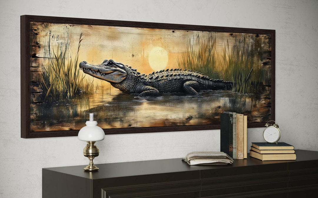 Alligator In Marshland Sunset Long Horizontal Canvas Wall Art