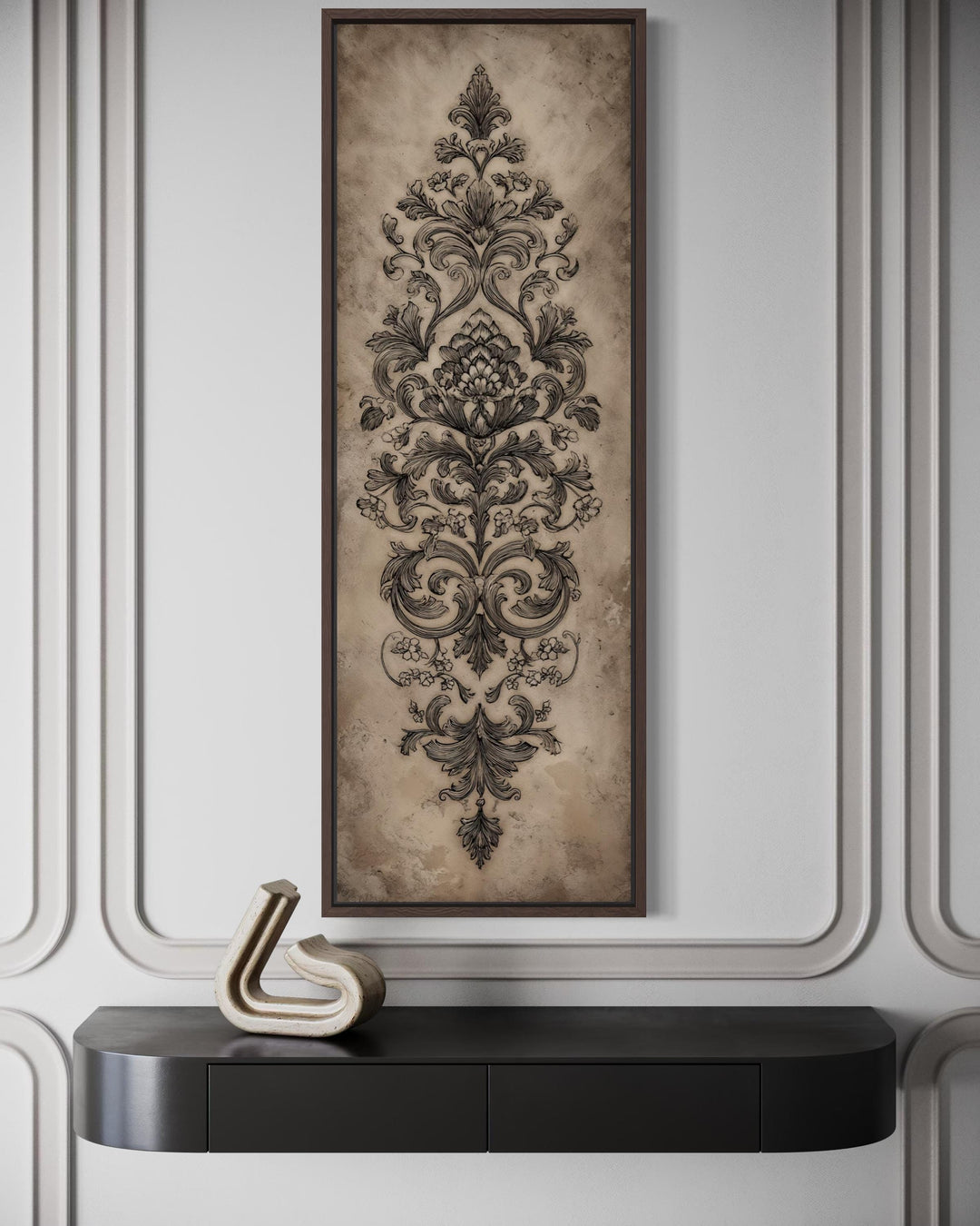 Vertical tall narrow canvas wall art featuring an antique French ornamental damask design.