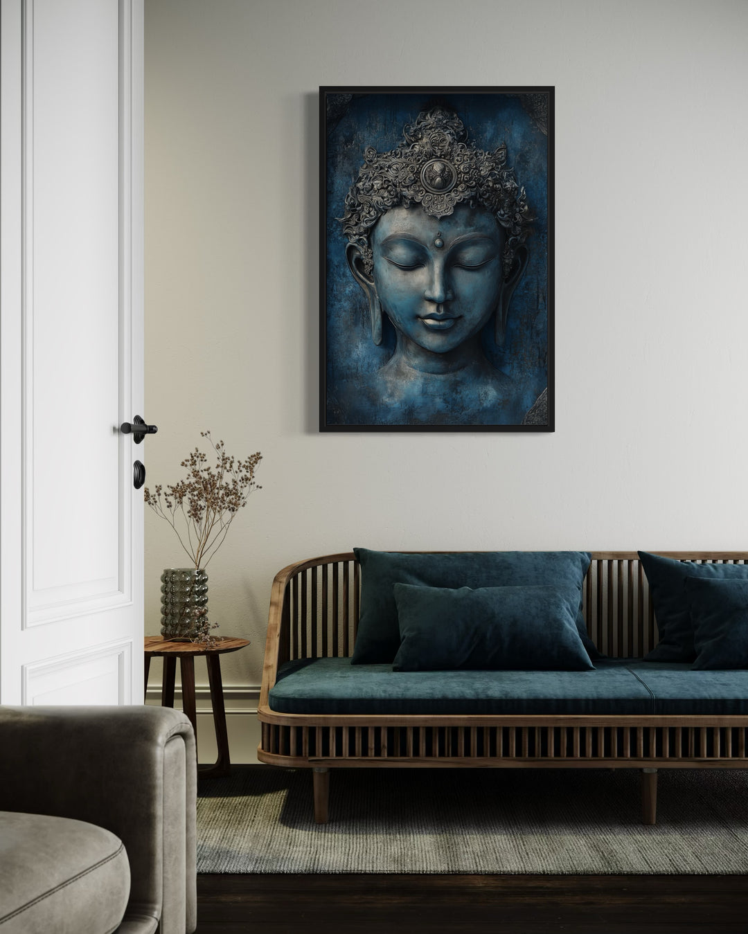 Serene Blue Buddha Painting Framed Canvas Wall Art in zen room