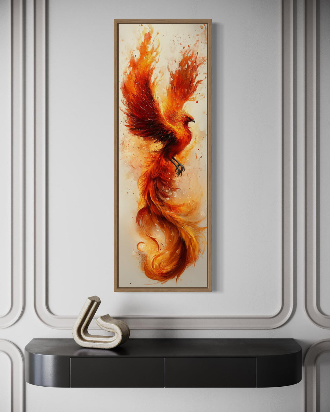 Tall Narrow Orange Beige Phoenix Framed Canvas Wall Art