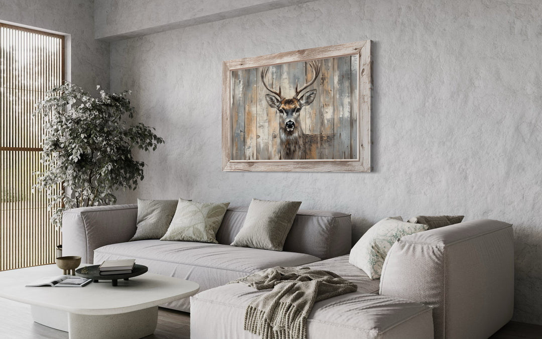 Deer Painting In fake barnwood frame Canvas Wall Art in living room