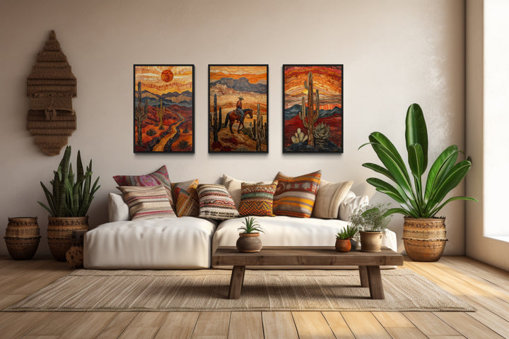 3 Piece Southwestern Canvas Wall Art With Cowboy, Saguaro Cactus and Arizona Desert in southwestern room