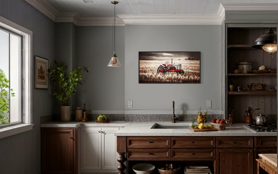 Red Tractor In The Wheat Field Rustic Farmhouse Wall Decor in the kitchen