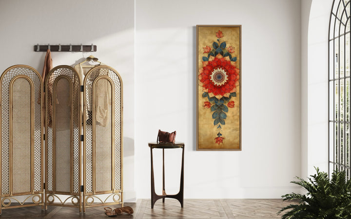 Tall Vertical Narrow Boho Floral Mandala Tapestry Framed Canvas Wall Decor on narrow wall