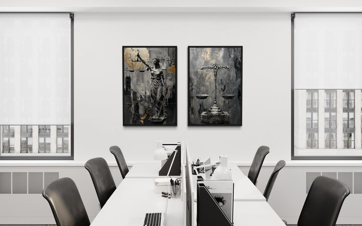 Law Office Set Of 2 Lady Justice And Scales Of Justice Framed Canvas Wall Art in conference room