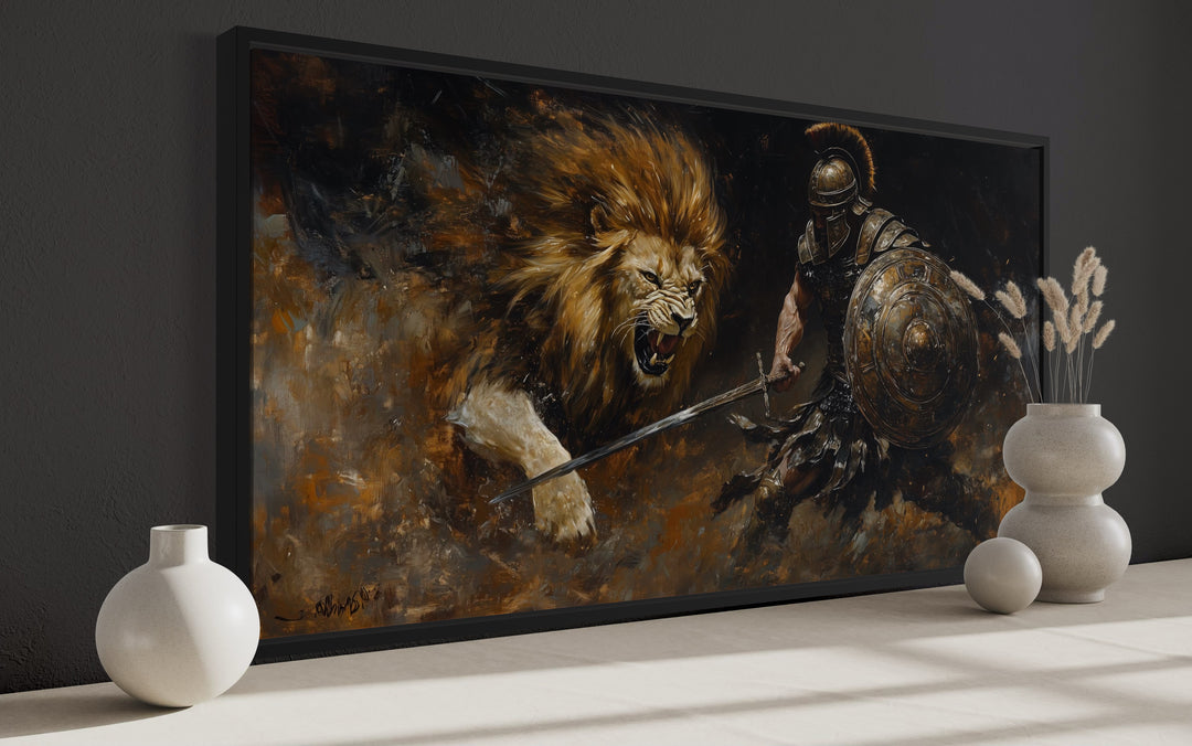 Gladiator Fighting Lion Canvas Wall Art side view