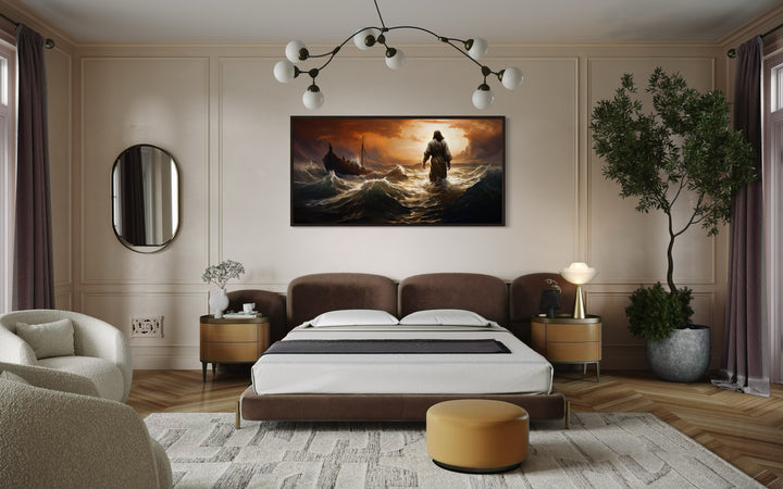 Jesus Walking On Water In Storm Modern Christian Framed Canvas Wall Art above bed