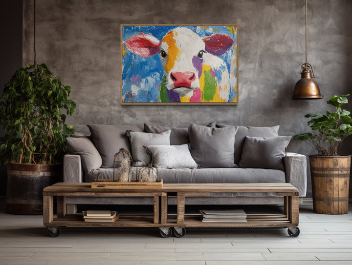 Colorful Farmhouse Cow Framed Canvas Wall Art a living room