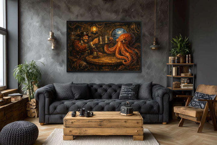 A framed canvas print of a pirate and an octopus sharing a drink hangs in a rustic, modern living room.