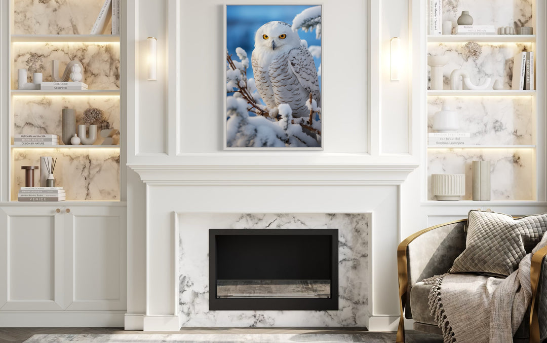 Snowy Owl In Snow Photography Style Framed Canvas Wall Art in a living room with a fireplace