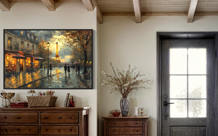 Rainy Paris Street With Eiffel Tower Romantic Framed Canvas Wall Art on a wall next to a dresser