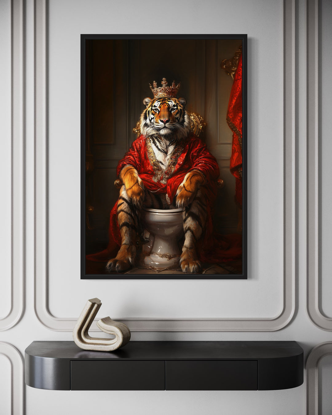 a painting of a tiger sitting on a toilet