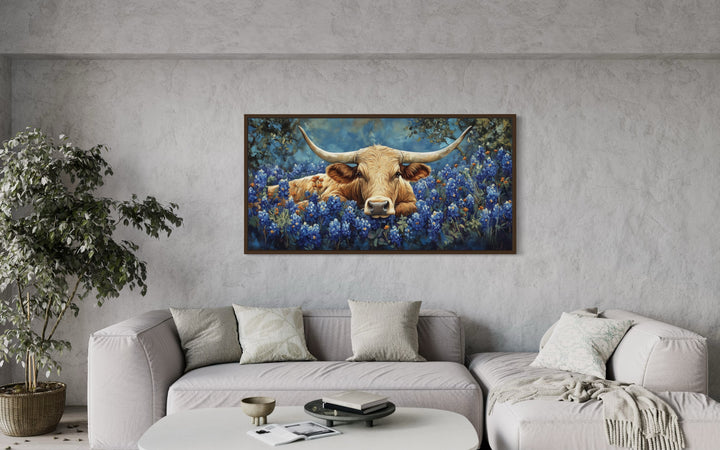 Longhorn in Bluebonnets Rustic Farmhouse Canvas Wall Art above grey couch